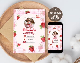 Strawberry Themed Second Birthday Invitation Editable & Printable Strawberry 2nd Birthday Digital Download Cute 2nd Birthday Party Invite