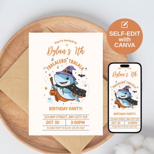 May include: A Halloween-themed birthday party invitation featuring a cartoon shark wearing a witch hat and cape, holding a pumpkin bucket. The invitation includes event details and the text "Dylan's 7th Birthday Party!" displayed on a white card.