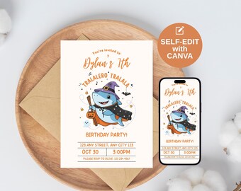 Halloween Italian Brainrot Tralalero Tralala Birthday Invitation Template Viral Funny Meme Inspired Birthday Invite MagicalShark Theme Party