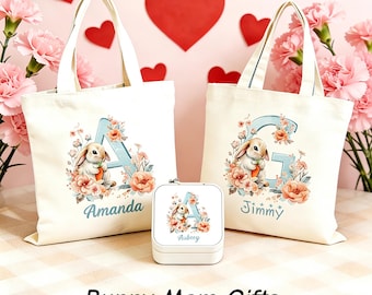 Personalized Cute Bunny Canvas Tote Bag, Jewelry Box, Custom Letter Name Bag for Women Mother's Day Gift