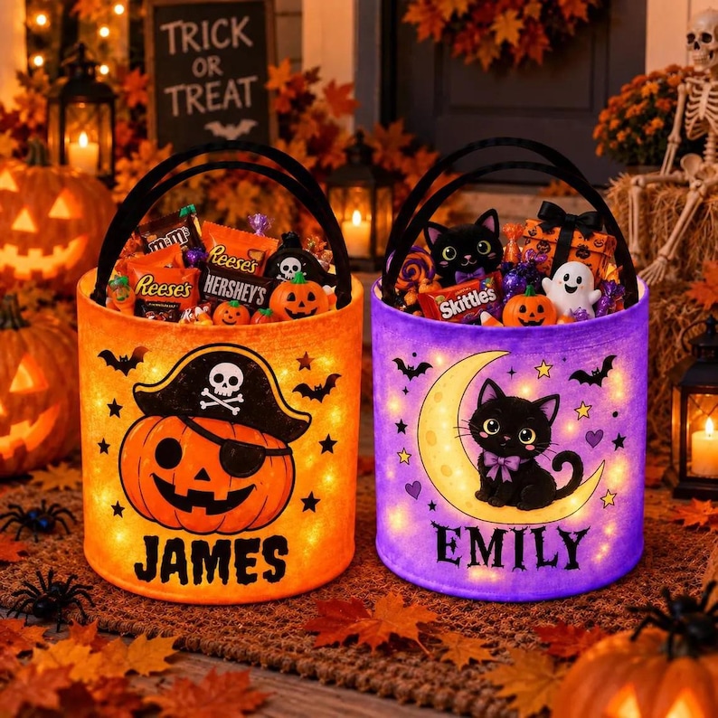 Personalized Light up Halloween Candy Bucket, Custom LED Trick or Treat ...
