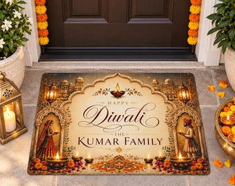 Personalized Happy Diwali Welcome Mat with Traditional Figures & Burning Diyas, Royal Grand Palace Diwali Doormat, Festive Porch Decor