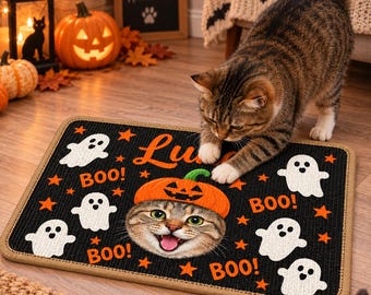 Custom Halloween Cat Photo Sisal Scratcher Mat, Personalized Spooky Cat Scratching Pad, Wall Mounted Non Slip Cat Scratcher