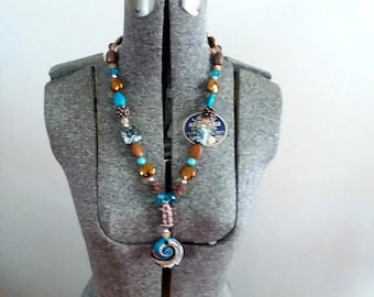 Blue Honey Jewelry Swirl Glass & Copper Beaded Necklace / Art Necklace / Statement Necklace