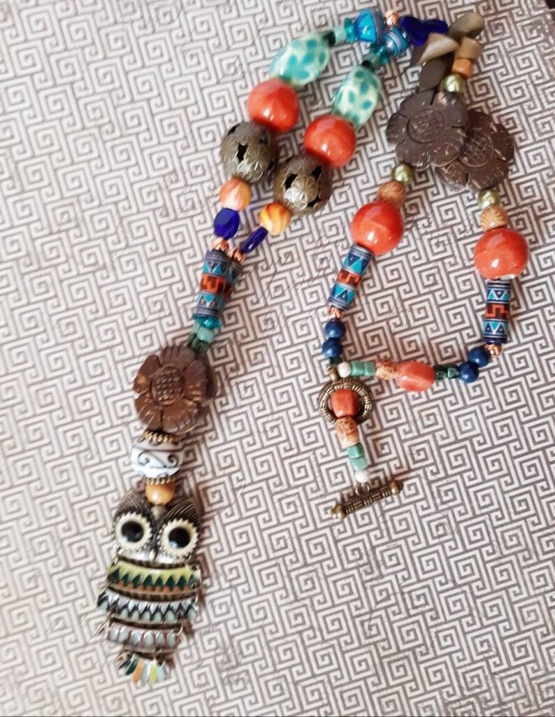 Hippie Beaded Owl Statement Necklace by Blue Honey Jewelry Boho Chic Festival Owl Lover Gifts OOAK Designs