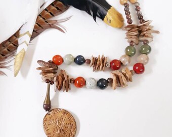 Earthy Ceramic & Wood Bead Tassel Necklace / OOAK Designs