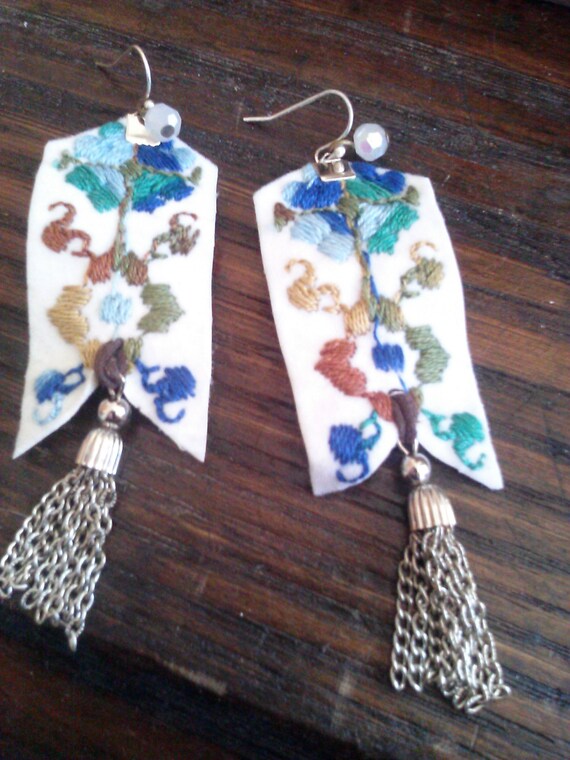 Items similar to Bohemian Vintage Embroidered Ribbon & Tassel Earrings