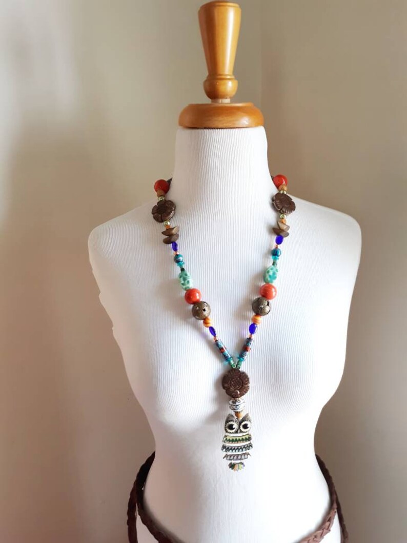 Hippie Beaded Owl Statement Necklace by Blue Honey Jewelry Boho Chic Festival Owl Lover Gifts OOAK Designs