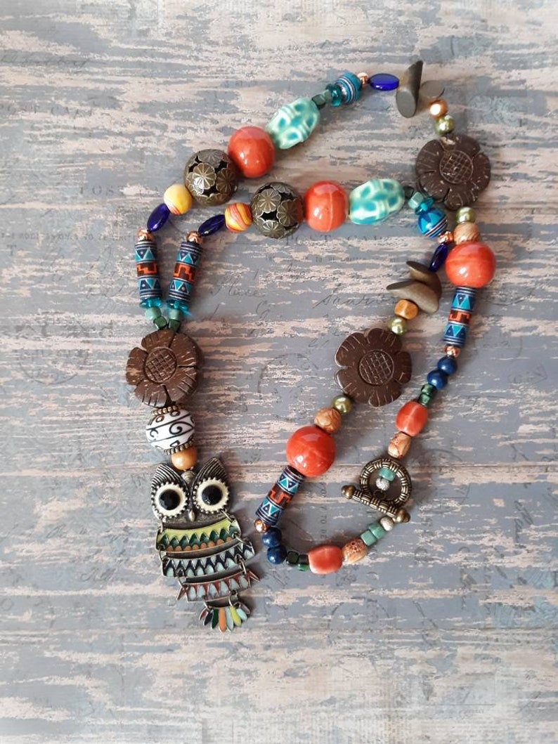 Hippie Beaded Owl Statement Necklace by Blue Honey Jewelry Boho Chic Festival Owl Lover Gifts OOAK Designs