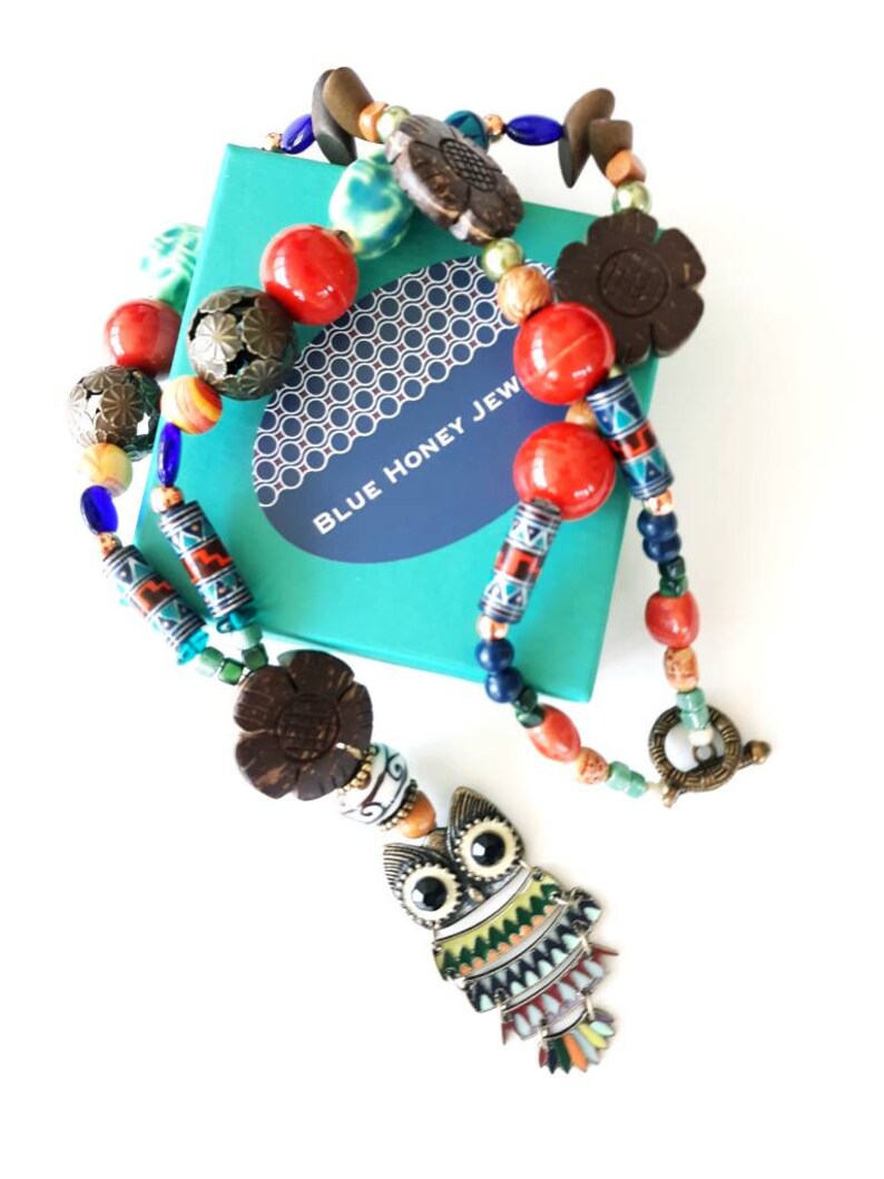 Hippie Beaded Owl Statement Necklace by Blue Honey Jewelry Boho Chic Festival Owl Lover Gifts OOAK Designs