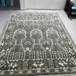 Grey Oushak Rug – Handmade Turkish Wool Carpet, Vintage Distressed Oriental Area Rug, Charcoal Ivory Bohemian Living Room Floor Decor”