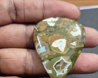 May include: A polished, teardrop-shaped gemstone with a unique pattern. The stone features a mix of earthy tones, including brown, green, and white, creating a natural, organic appearance. The surface is smooth and reflective, highlighting the intricate details.