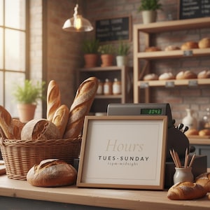 May include: A bakery scene with various loaves of bread in a wicker basket and on a wooden counter. A framed sign displays the hours: TUES-SUNDAY 12pm-midnight. A cash register and shelves with more bread are in the background.