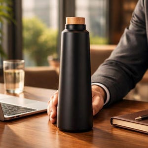 May include: A black insulated water bottle with a wooden cap. The bottle is cylindrical and held on a wooden desk. A laptop, a glass of water, and a notebook with a pen are also on the desk.