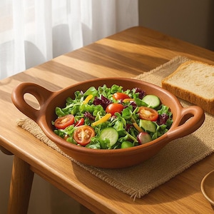 May include: A terracotta-colored serving bowl filled with a fresh salad of mixed greens, tomatoes, cucumbers, and peppers. Two slices of bread and a cup of coffee sit nearby on a wooden table. The bowl has two handles.