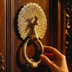 Könnte beinhalten: Vergoldeter Messing-Türklopfer in Form eines Pfaus mit detailliertem Fächerschwanz und Schlaufengriff. Der Klopfer ist an einer dunklen Holztür angebracht. Eine Hand greift nach dem Griff. Das Design ist aufwendig und dekorativ.