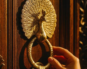 Peacock Brass Door Knocker 9.8” • Solid Antique Brass • Heavy Front Door Hardware • Vintage Style Peacock Decor • Premium Handmade Knocker
