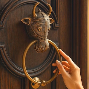Puede incluir: Un aldaba de puerta de color bronce con forma de cabeza de toro y un asa circular. La aldaba está montada en una puerta de madera marrón oscuro. Una mano se acerca al asa.