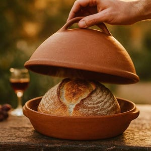 Könnte beinhalten: Ein Brotbacktopf aus Terrakotta mit gewölbtem Deckel, der ein frisch gebackenes Brot zeigt. Der Topf steht auf einem Holztisch, im Hintergrund ein Weinglas. Der Topf ist aus rötlich-braunem Ton gefertigt.