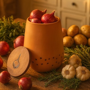 Pode incluir: Um recipiente de terracota para cebolas com uma tampa de madeira com uma ilustração de cebola. O recipiente está cheio de cebolas vermelhas e rodeado por alho fresco, batatas e ervas. O recipiente tem pequenos orifícios de ventilação.
