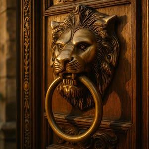 Könnte beinhalten: Nahaufnahme eines Türklopfers mit Löwenkopf aus Bronze und Ringgriff. Der Löwenkopf ist an einer dunklen Holztür mit geschnitzten Details befestigt. Der Türklopfer ist ein dekoratives Element.
