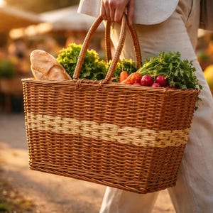 Może przedstawiać: Brązowy wiklinowy kosz z beżowym paskiem, wypełniony świeżymi produktami. Kosz zawiera bochenek chleba, zieloną sałatę, marchew, rzodkiewki i inne świeże warzywa. Kosz jest niesiony przez osobę.