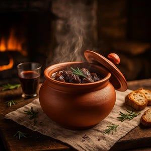 Puede incluir: Una olla de terracota humeante con estofado y tapa parcialmente abierta, adornada con romero. Junto a ella hay rebanadas de pan tostado y un vaso de líquido rojo. La escena está ambientada sobre una superficie de madera con una chimenea al fondo.