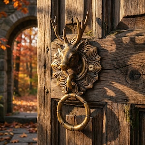 May include: A bronze-toned metal door knocker featuring a sculpted deer head with antlers, mounted on a circular, scalloped backplate. The knocker includes a large, smooth ring suspended from the deer's mouth, attached to a weathered wooden door.