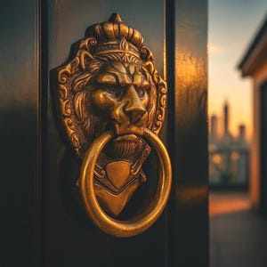 Może przedstawiać: Złoty kołatka do drzwi w kształcie głowy lwa z uchwytem w kształcie pierścienia. Lew jest ukoronowany i zamontowany na ciemnych drzwiach. Tło przedstawia rozmyty krajobraz miejski o zachodzie słońca.