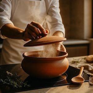 May include: A terracotta cooking pot with a lid being lifted, releasing steam. The pot is on a black hob, with a wooden spoon nearby. The pot has a rounded shape and a warm, earthy colour.