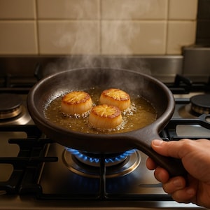 May include: Three golden-brown scallops are frying in a dark pan filled with oil, held over a gas hob with a blue flame. Steam rises from the pan. The scallops are round and have a seared appearance. The pan is held over a gas hob.