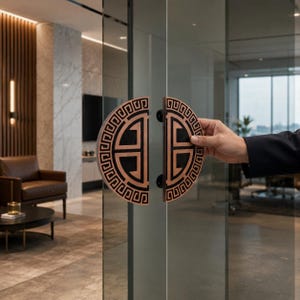 Peut inclure: Poignées de porte décoratives de couleur cuivre avec un motif géométrique noir. Les poignées semi-circulaires sont montées sur une porte vitrée. Le motif est symétrique et présente une forme centrale entourée d'une bordure de motifs répétitifs. Dans un bureau moderne.