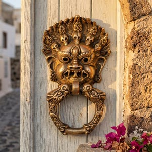 May include: A metallic gold-toned door knocker featuring a detailed, fierce face with a third eye, a crown of small skulls, and bared teeth. The circular handle is held by the mouth of the figure, which is mounted on a vertical white wooden panel.