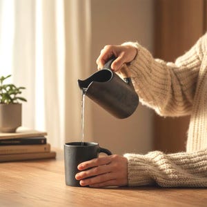 Puede incluir: Una jarra de cerámica negra vierte agua en una taza a juego. La jarra tiene un pico curvo único. La taza tiene un asa y se sostiene sobre una superficie de madera. Una pequeña planta y libros están en el fondo.