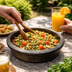 Puede incluir: Un cuenco grande y oscuro de madera lleno de una colorida ensalada, con tomates cherry, pepinos y hierbas. Unas pinzas de madera están en el cuenco, y un vaso de zumo de naranja con una rodaja de naranja se sostiene cerca. También se ve un plato pequeño de ensalada.