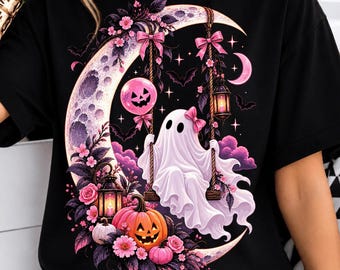 Halloween Ghost PNG | Pink Halloween Moon Sublimation Design | Cute Spooky Ghost PNG | Halloween Witchy Clipart | Fall PNG