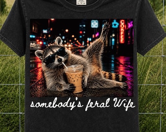 Somebody's Feral Wife PNG | Funny Raccoon PNG | Iced Coffee Sublimation Design | Retro Animal Shirt PNG | Digital Download