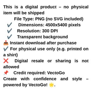 May include: A digital product information graphic featuring black text on a white background. It specifies a PNG file type, 4500x5400 pixel dimensions, 300 DPI resolution, and a transparent background. It includes usage terms, credit requirements for VectoGo, and icons.