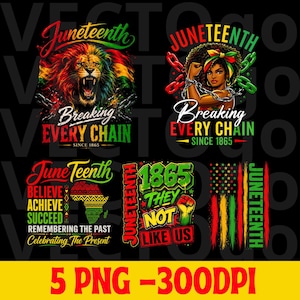 Può includere: Una collezione di cinque design grafici Juneteenth con un leone, una persona che spezza le catene, il continente africano, un pugno alzato e una bandiera, in rosso, giallo, verde e nero con il testo Breaking Every Chain.