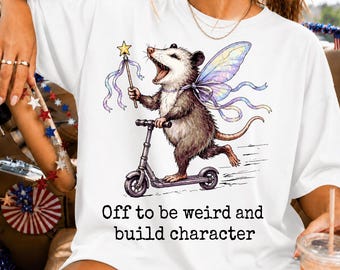 Off To Be Weird And Build Character PNG | Funny Possum Fairy Scooter Shirt Design | Vintage Whimsical Opossum Sublimation PNG