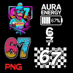 Op de afbeelding: Een digitaal grafisch ontwerp met een cartoon aap met een zonnebril en een honkbaluniform, met het nummer "67" en de tekst "Aura Energy". De afbeelding bevat een batterijpictogram met 67% lading en het woord "PNG".