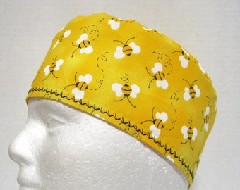 Scrub Hat, Surgery Cap or Chemo Cap  Bees on Sunshine Yellow