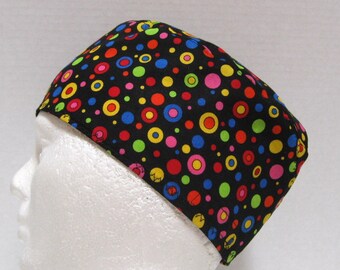 Mens Colorful Scrub Hat or Surgical Cap Bright Rainbow Circles and Dots on Black