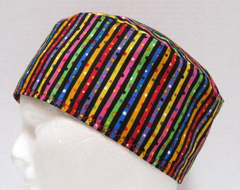 Scrub Hat Mens or Surgical Cap in Bright Rainbow Stripes on Black