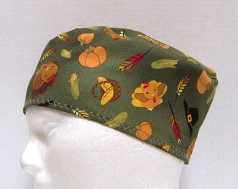 Gorro quirúrgico de Acción de Gracias para hombre: gorro quirúrgico con pavos y calabazas