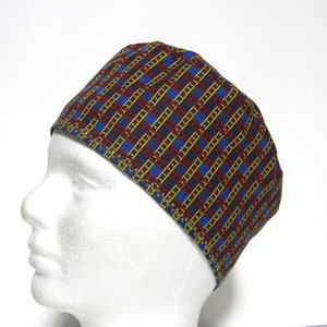 Men's Scrub Hat, Surgical Cap or Chemo Cap with Yellow and Red Lines on Blue