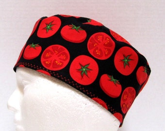 Chefs Skull Cap or Mens Scrub Hat with Red Tomatoes