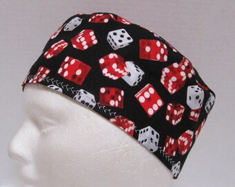 Mens Scrub Hat, Scrub Cap or Surgical Cap with Red and White Dice on Black