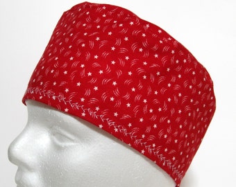 Mens or Womens Red Scrub Hat or Surgical Cap with White Stars