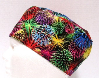 Mens Scrub Cap or Surgical Cap, Fireworks on Black